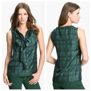Tory Burch Saffield BowTie Sleeveless Blouse Size 8 100% Silk Green & Blue Plaid
